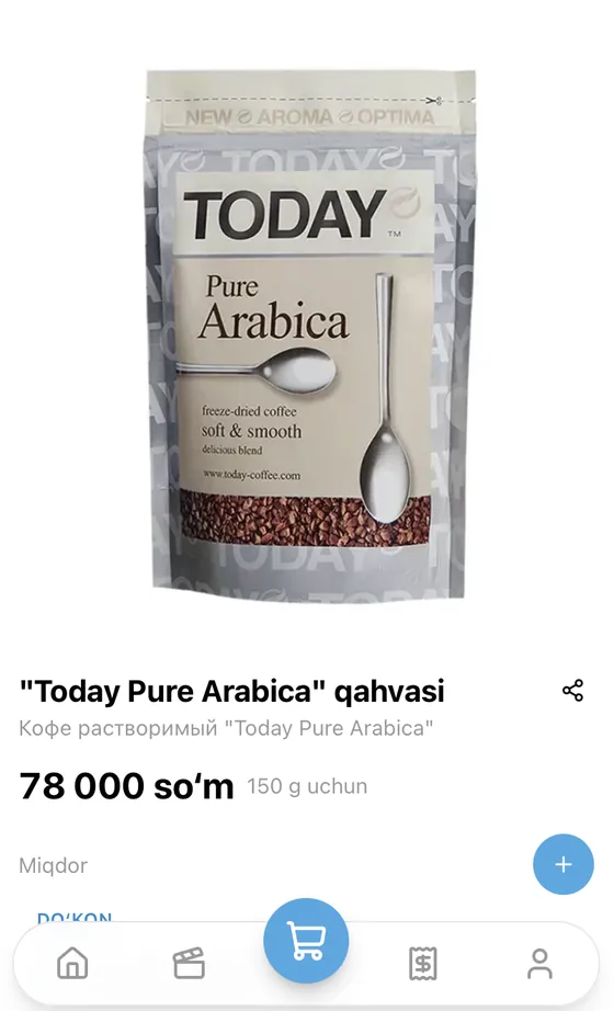 Mahsulot sahifasi: Today Pure Arabica qahvasi, 150 g, 78 000 so‘m